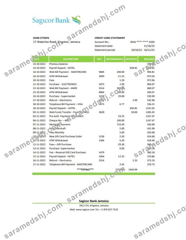 Jamaica Sagicor Bank statement